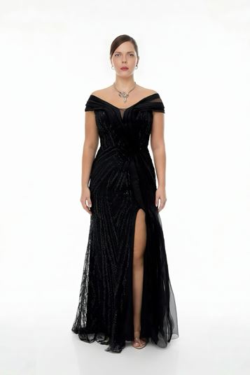 Tulle Detail Sequin Plus Size Evening Dress